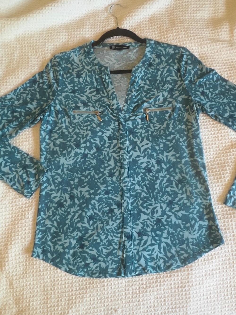 INC International Concepts Teal Leaf-Print V-Neck Blouse